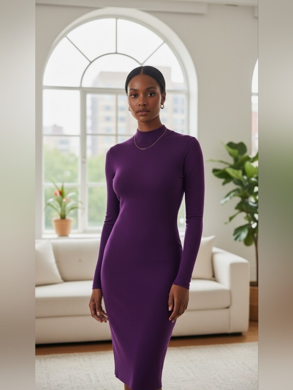 Sergio Hudson Purple Long Sleeve Mock Neck Sheath Dress Cocktail Size XXS.